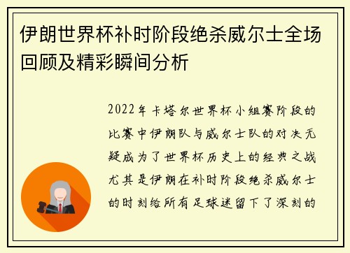 伊朗世界杯补时阶段绝杀威尔士全场回顾及精彩瞬间分析
