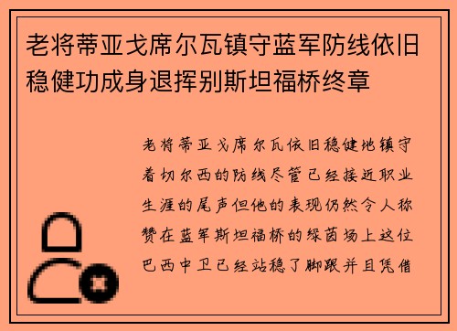 老将蒂亚戈席尔瓦镇守蓝军防线依旧稳健功成身退挥别斯坦福桥终章 老将蒂亚戈席尔瓦镇守蓝军防线依旧稳健功成身退挥别斯坦福桥终章