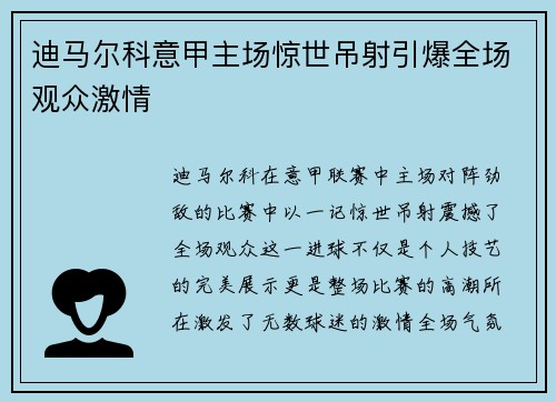 迪马尔科意甲主场惊世吊射引爆全场观众激情