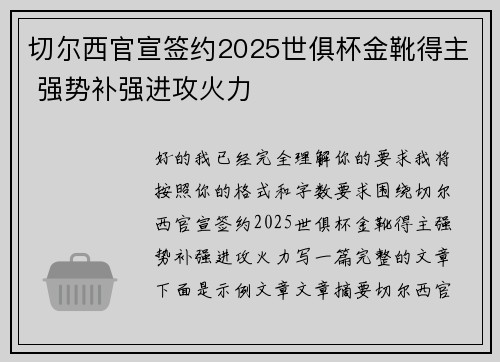 切尔西官宣签约2025世俱杯金靴得主 强势补强进攻火力